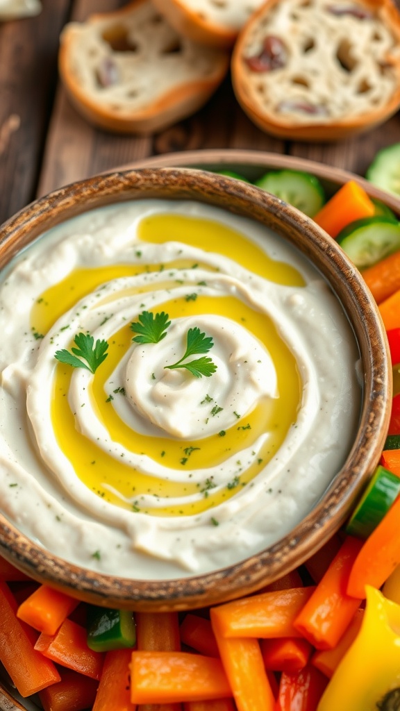 Creamy Roasted Garlic Dip Recipe A bowl of creamy roasted garlic dip with vegetable sticks and bread on a wooden table.